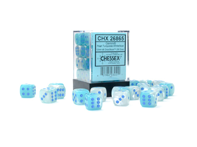 Gemini Pearl Turquoise-White/blue Luminary 12mm d6 Dice Block (36 dice)